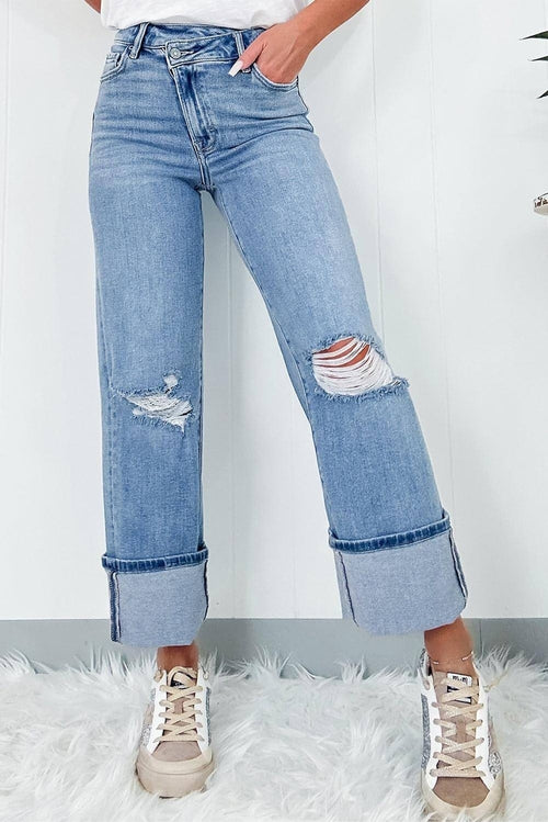 Dusk Blue High Rise Asymmetric Button Zip Fly Ripped Jeans - My Store