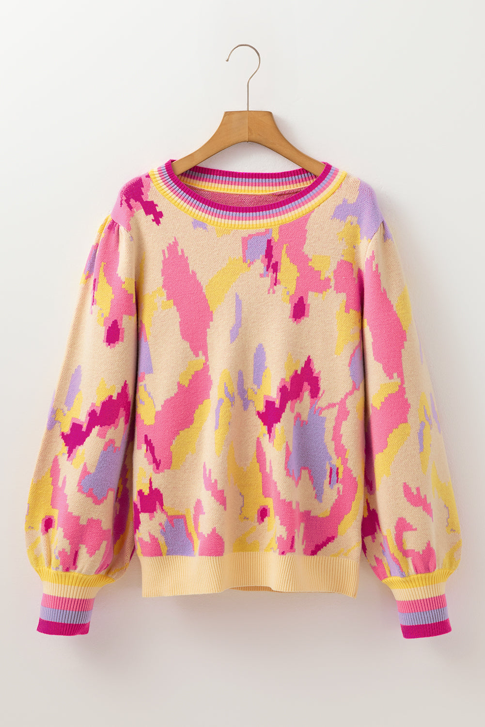 Khaki Abstract Print Colorblock Balloon Sleeve Sweater - My Store