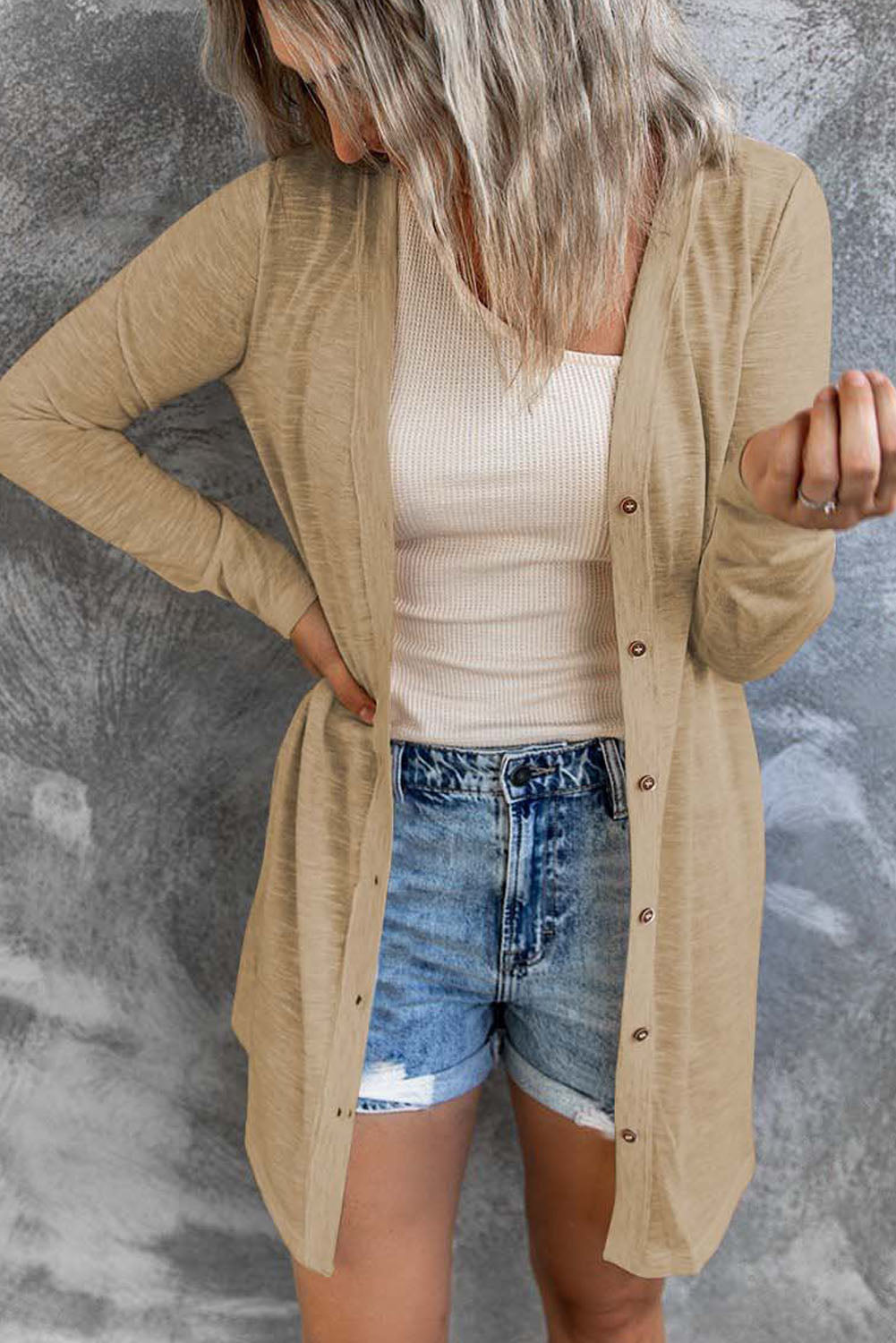 Solid Color Open-Front Buttons Cardigan - My Store