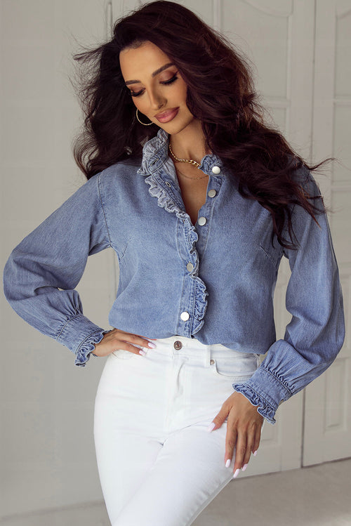 Beau Blue Ruffled Long Sleeve Buttoned Denim Shirt - My Store