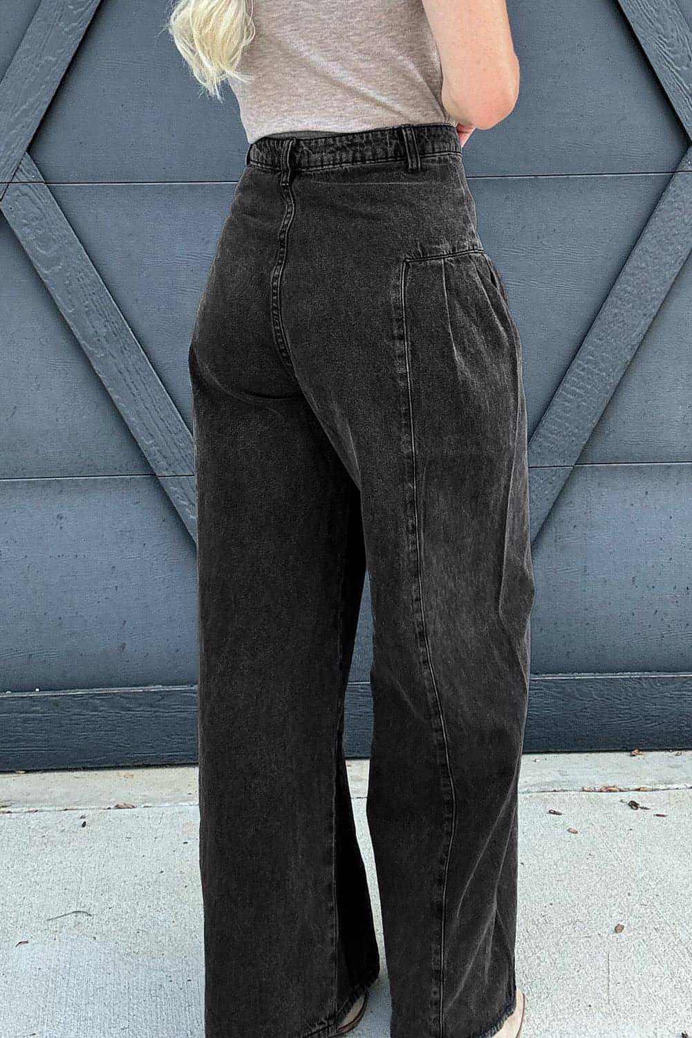 Dark Grey Pleated Wide Leg Mineral Wash Denim Pants - My Store