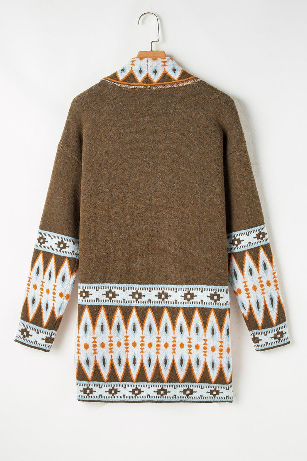 Brown Aztec Print Open Front Knitted Cardigan - My Store