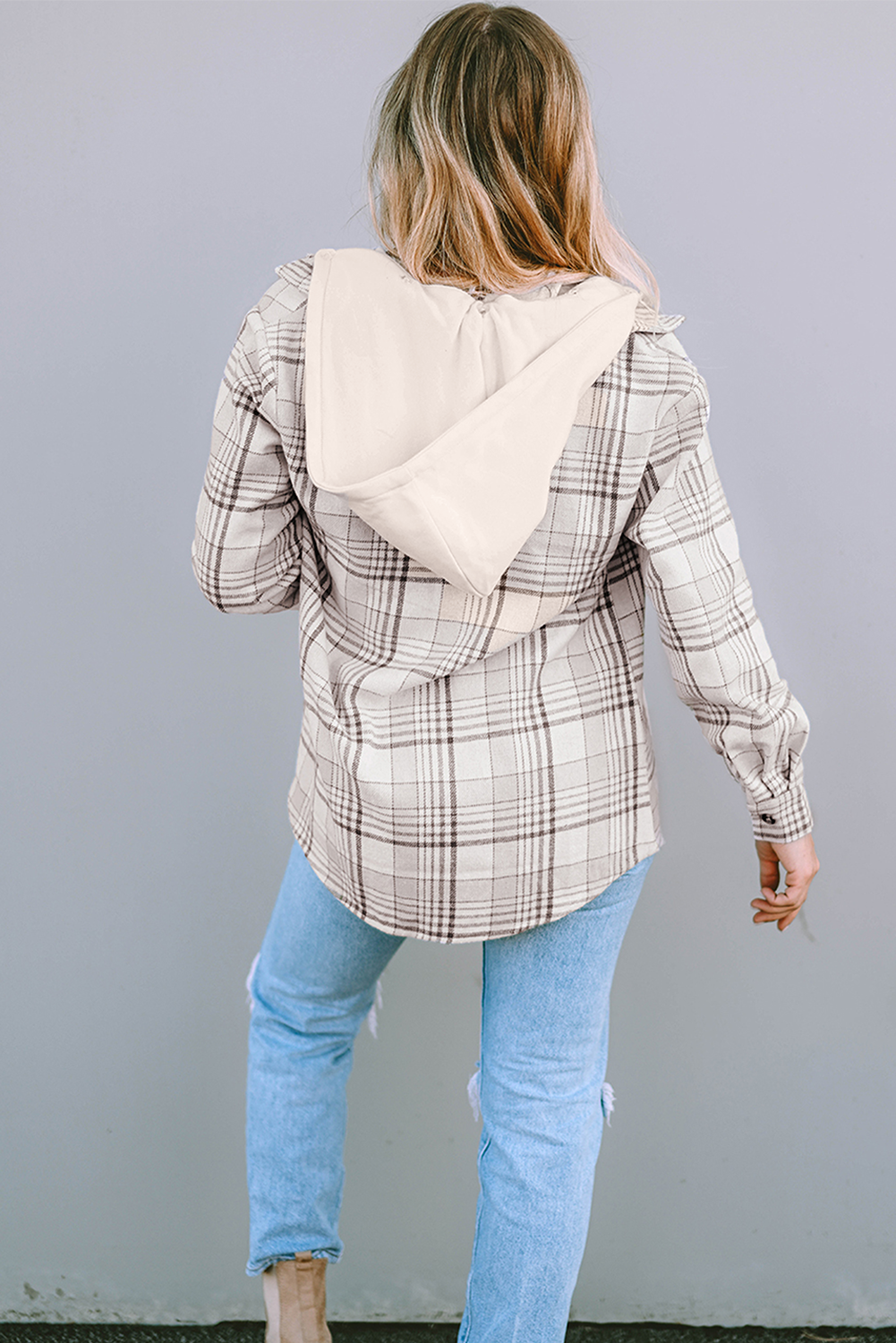 Khaki Plaid Removable Hood Buttoned Shacket Sto - My Store