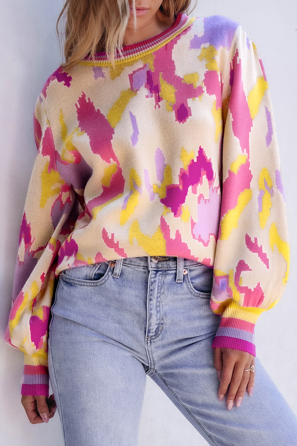 Khaki Abstract Print Colorblock Balloon Sleeve Sweater - My Store