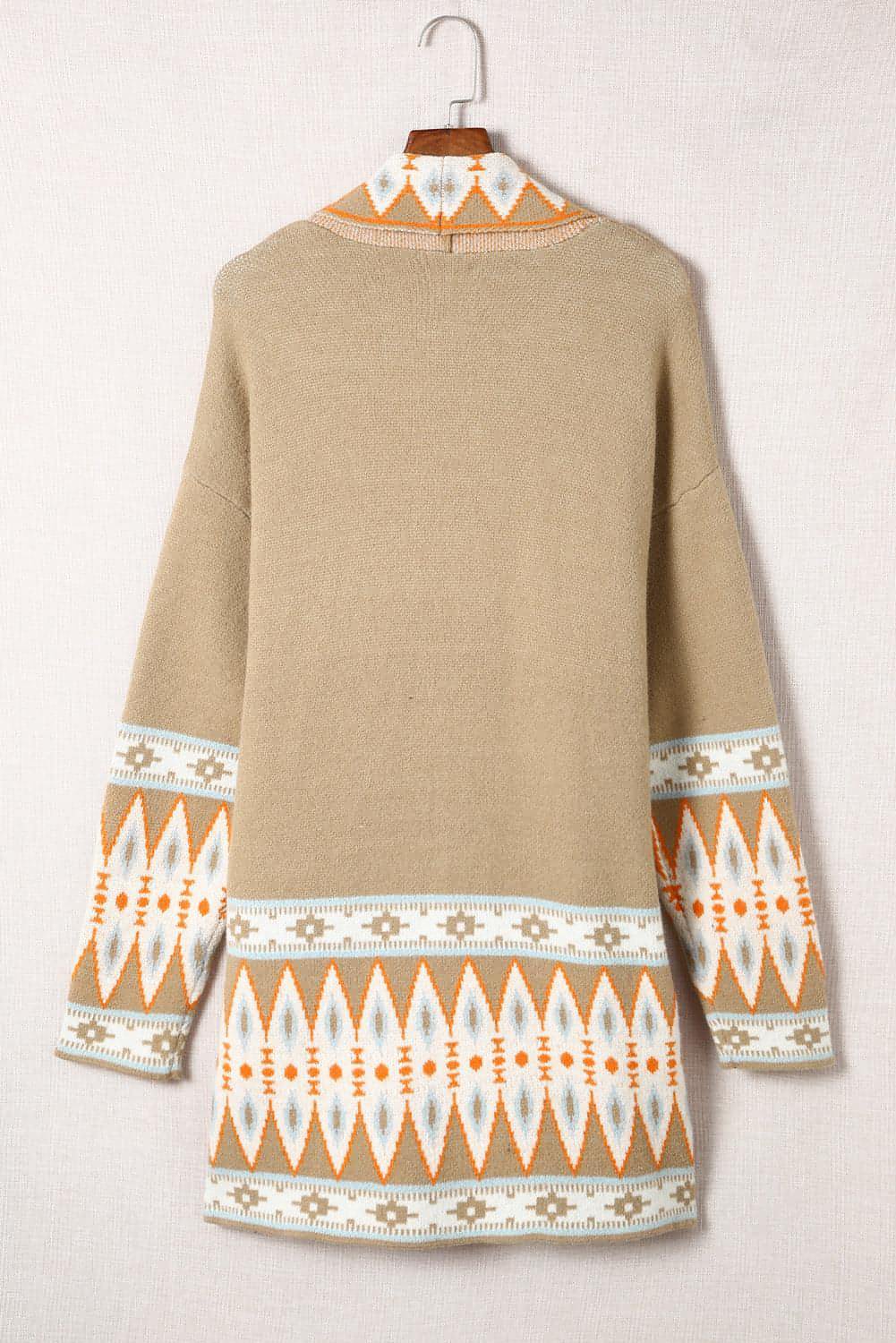 Khaki Aztec Print Open Front Knitted Cardigan - My Store