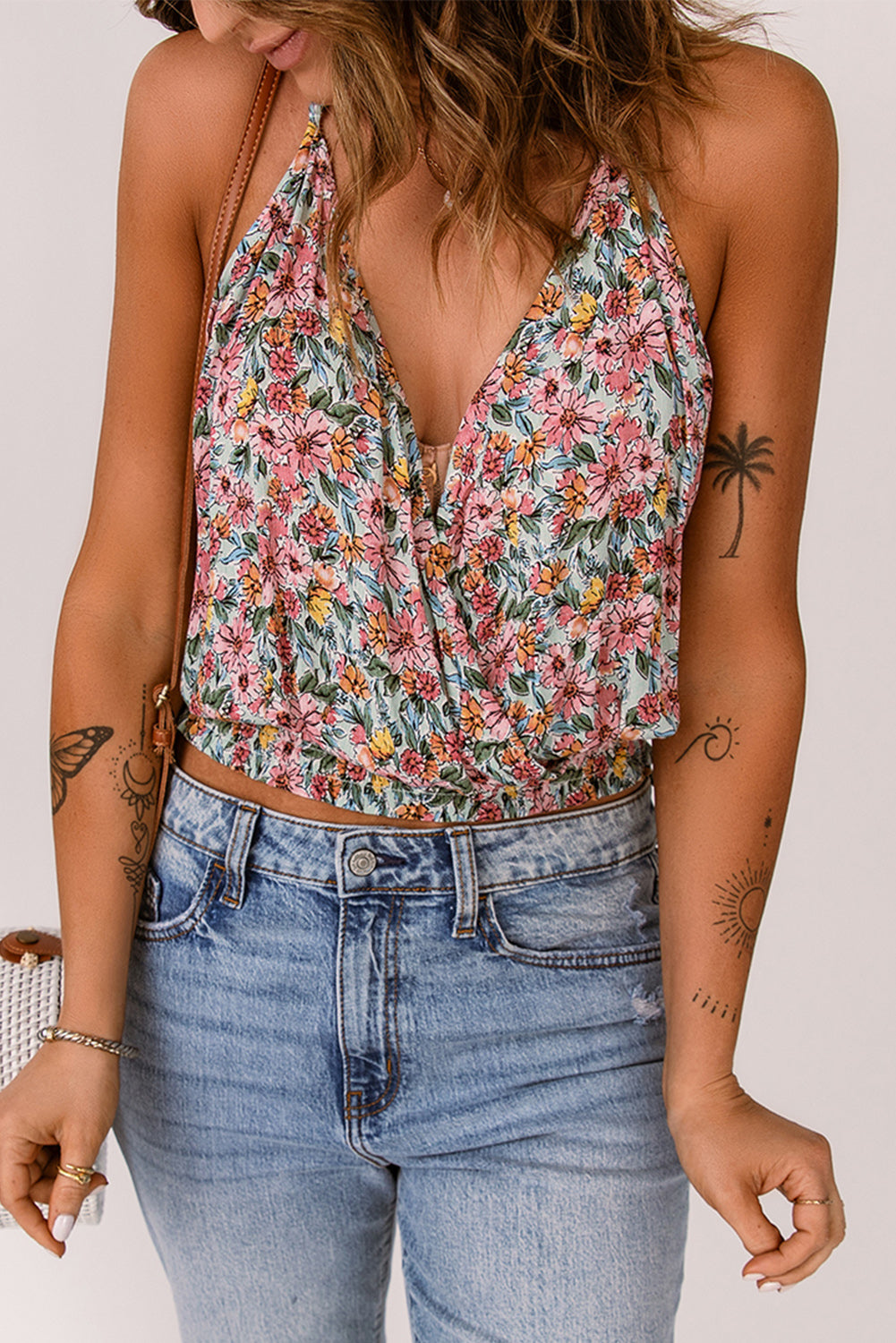 Multicolor Wrapped V Neck Floral Tank Crop Top - My Store