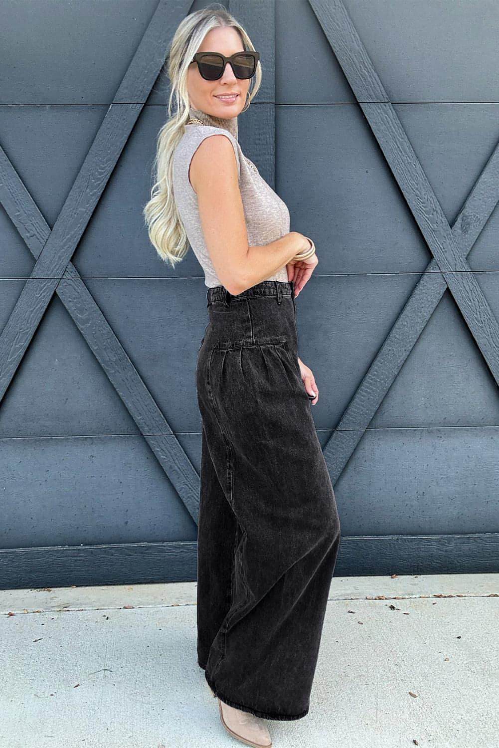Dark Grey Pleated Wide Leg Mineral Wash Denim Pants - My Store