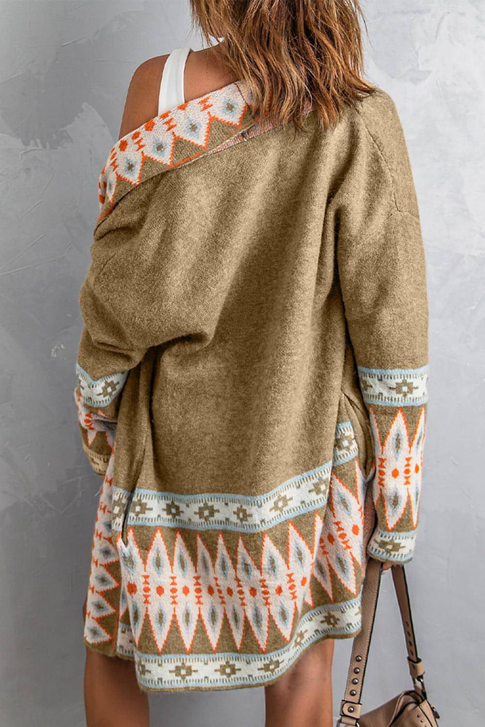 Khaki Aztec Print Open Front Knitted Cardigan - My Store