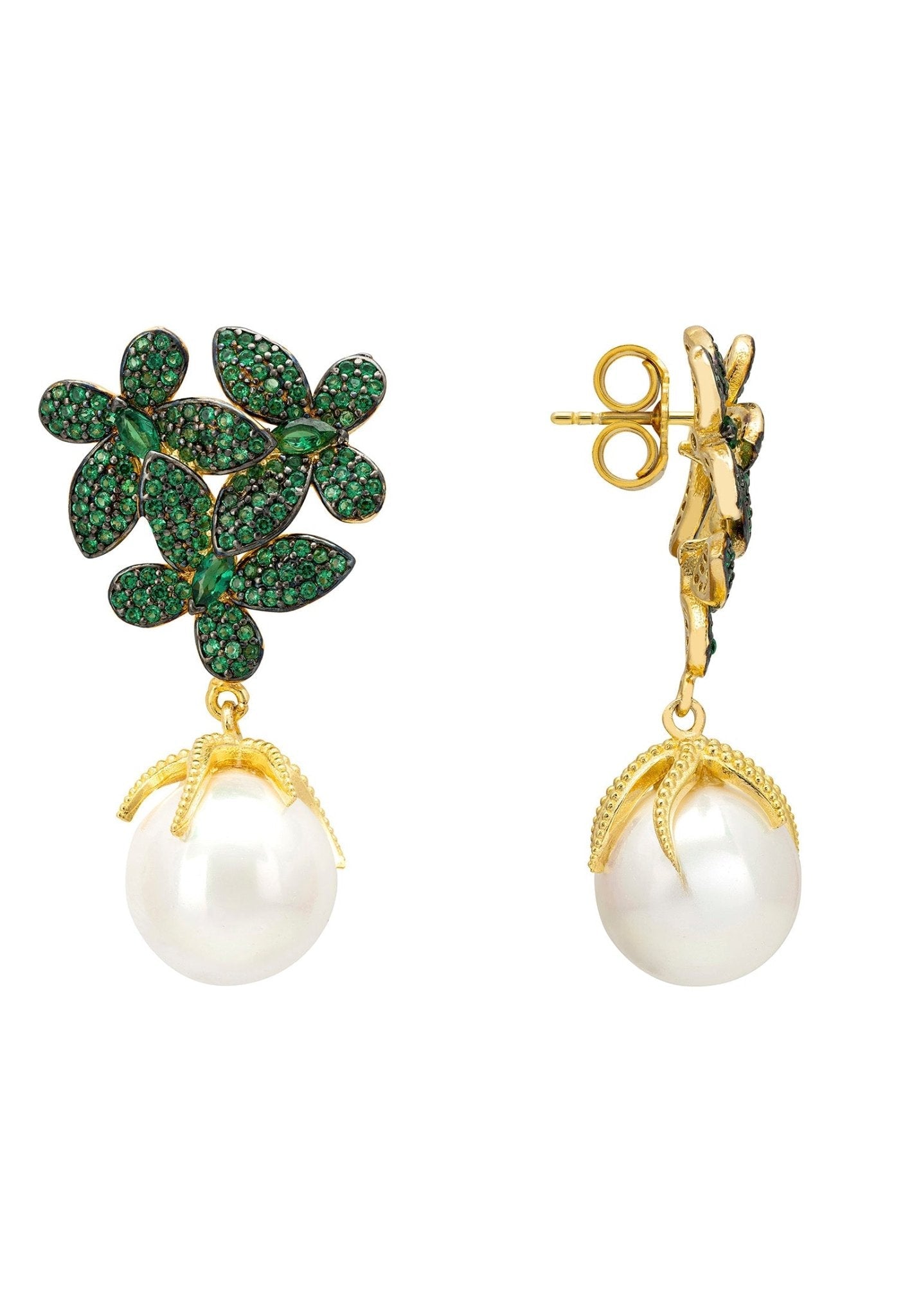 Flowers Pearl Earrings Emerald Green Gold - My Store