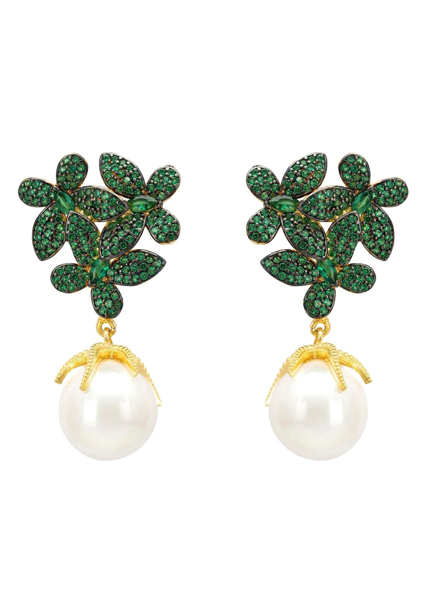 Flowers Pearl Earrings Emerald Green Gold - My Store