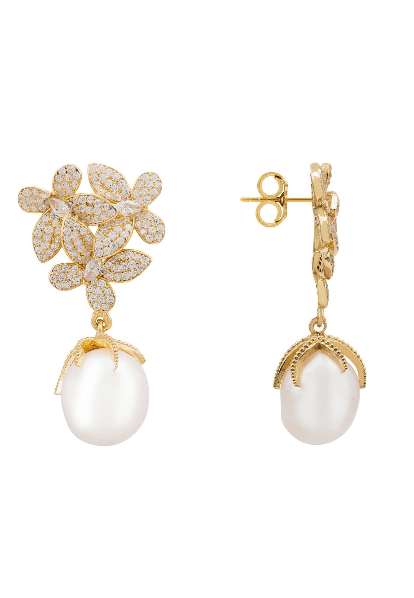 Flowers Pearl Earrings Gold White - My Store