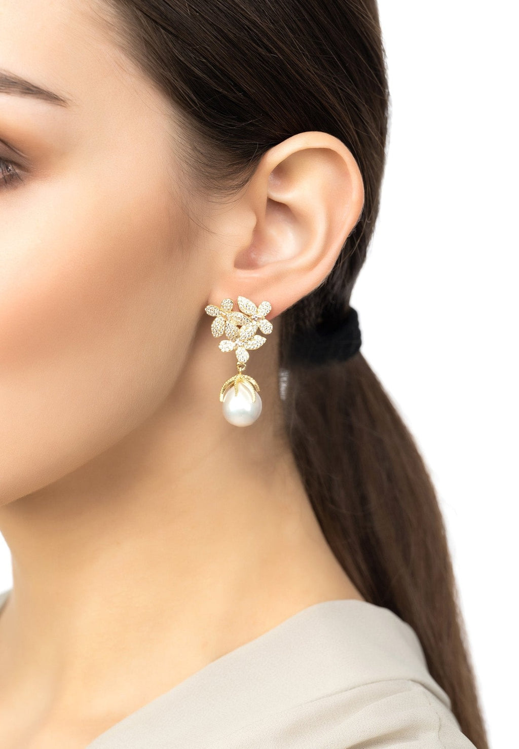 Flowers Pearl Earrings Gold White - My Store